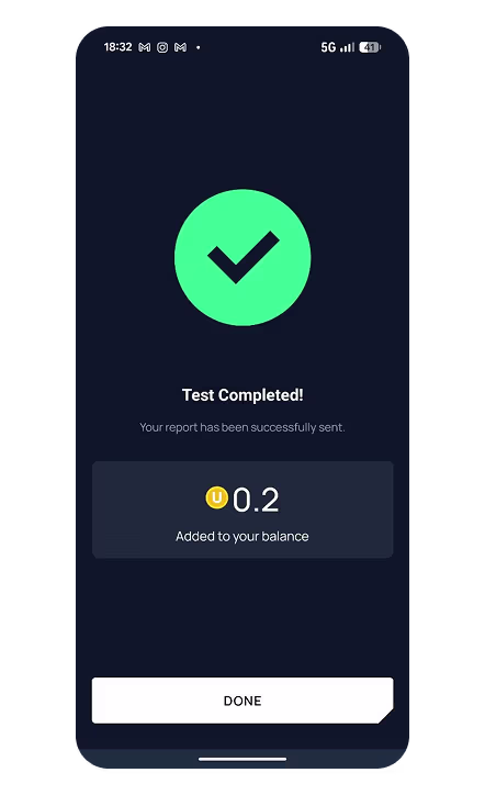 Unetwork app screen showing a completed network task